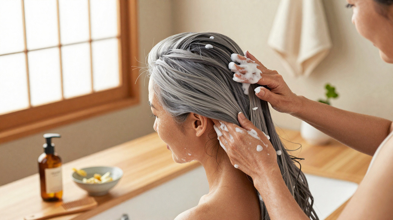 Frau bekommt in heller, moderner Badumgebung die Haare mit Shampoo von einer anderen Person gewaschen.
