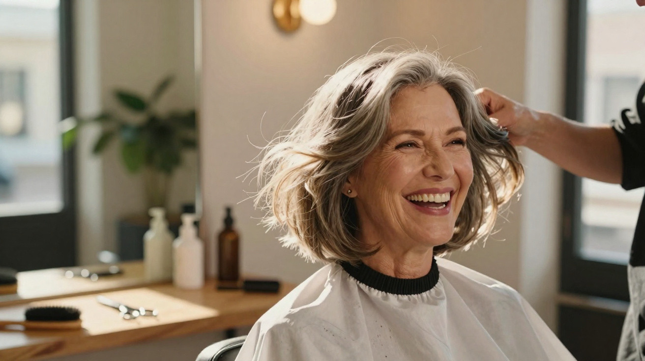 Lächelnde ältere Frau erhält Haare Styling im Friseursalon unter natürlichem Licht.