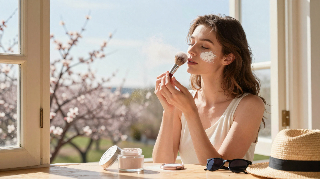 Frau trägt Make-up mit Pinsel auf Wangen im sonnigen Raum mit blühenden Bäumen im Hintergrund auf.
