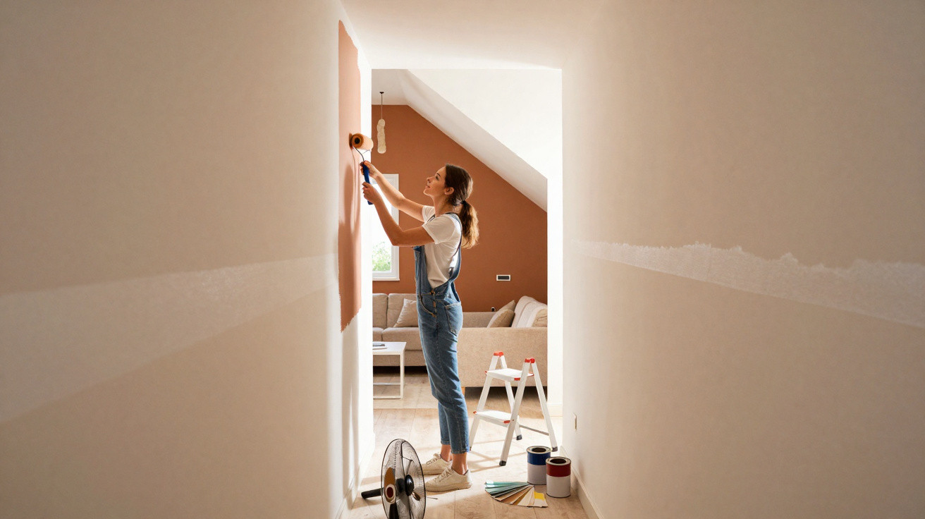 Frau streicht Flurwand orange, stehend auf Boden, Treppe und Wohnzimmer im Hintergrund sichtbar.