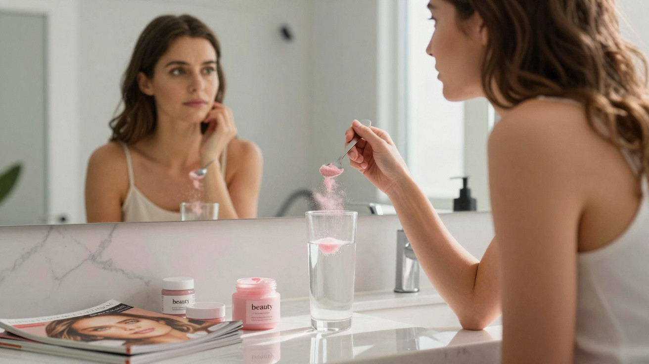 Frau löst ein rosa Puder in einem Glas Wasser in modernem Badezimmer vor Spiegel auf.