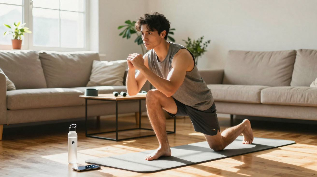 Junger Mann trainiert auf Fitnessmatte im Wohnzimmer mit Wasserflasche und Smartphone neben sich.