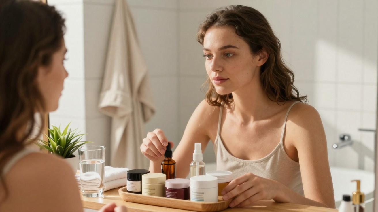 Junge Frau im Badezimmer wählt Hautpflegeprodukte vor dem Spiegel aus, entspannte Morgenroutine.