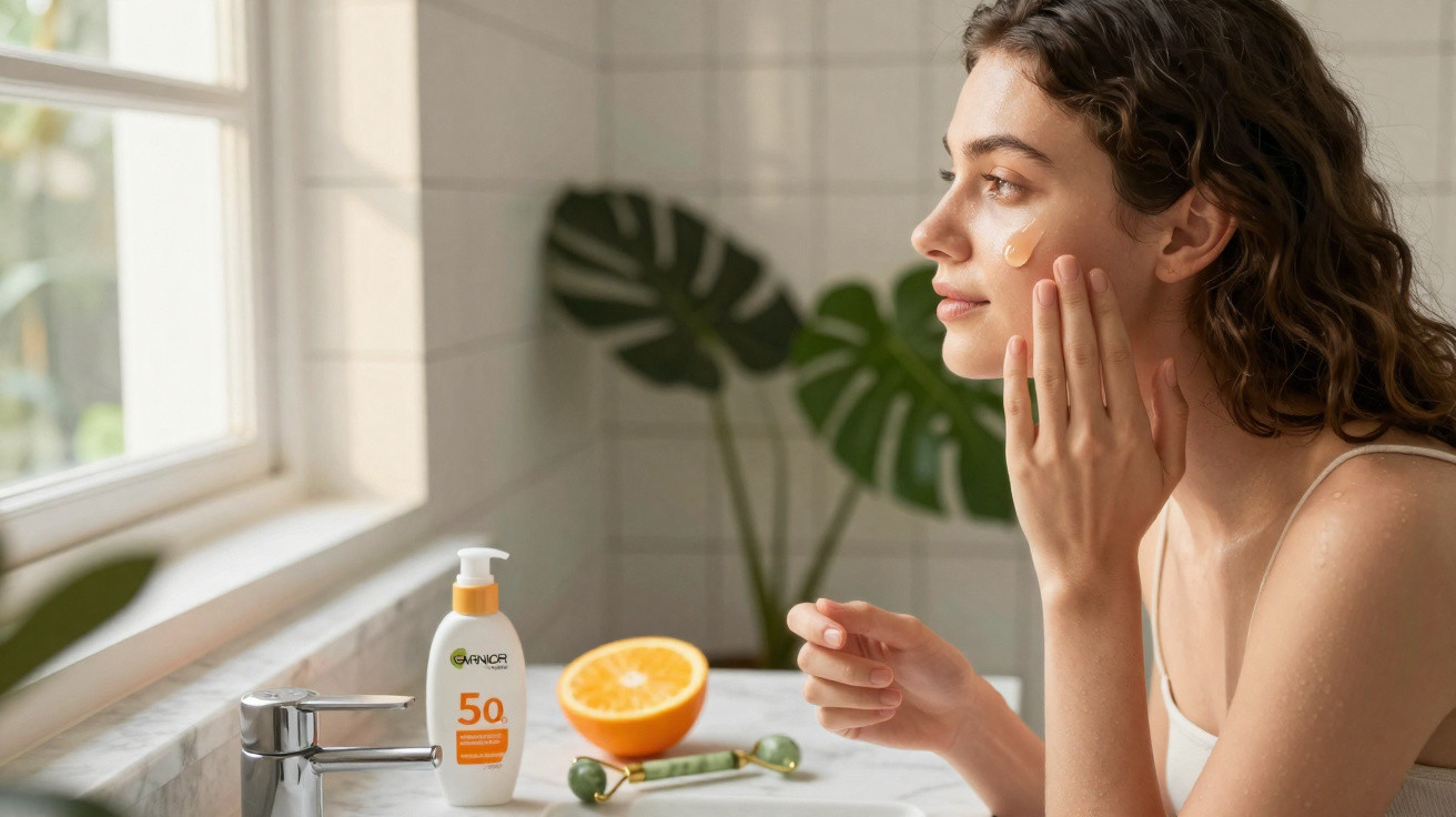 Frau trägt Sonnencreme im Bad auf ihr Gesicht auf, Sonnencreme und halbe Orange auf der Theke.