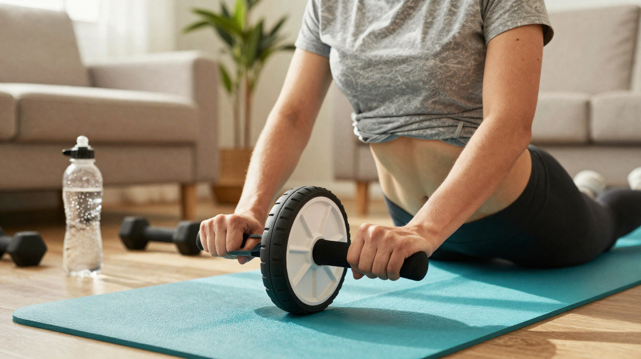 Person trainiert zuhause auf Yogamatte mit Bauchroller und Hantel, Wasserflasche im Hintergrund.