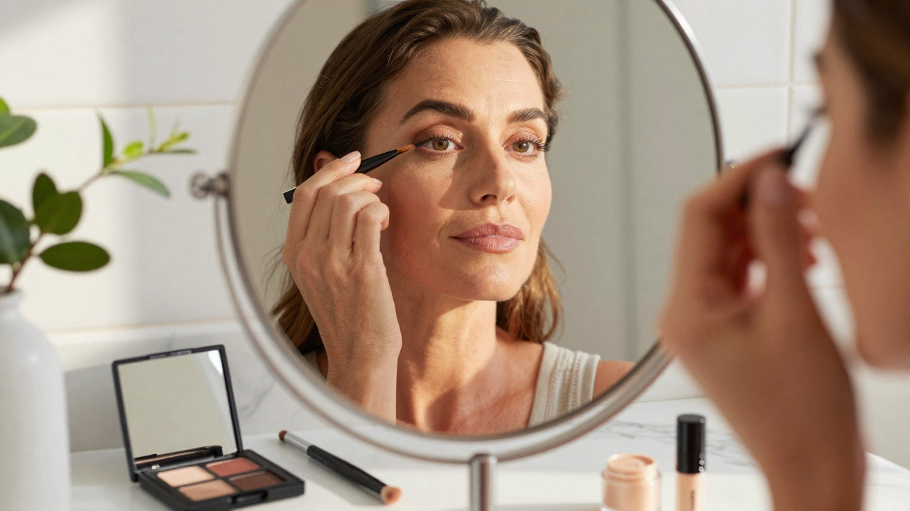 Frau trägt Eyeliner auf, blickt konzentriert in einen runden Spiegel auf einem weißen Tisch mit Make-up-Produkten.