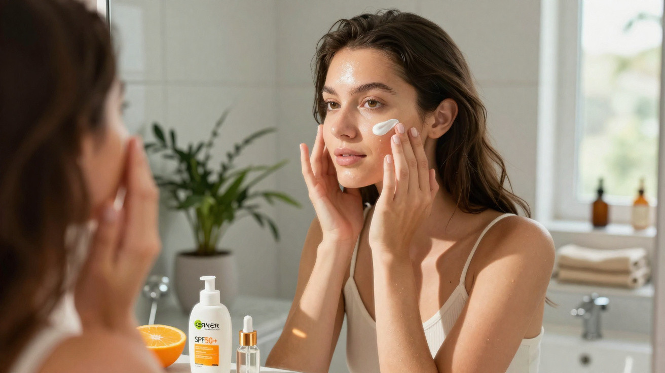 Frau trägt Gesichtscreme auf, steht vor Badezimmer-Spiegel, Sonnencreme SPF 50+ und Pflanzen im Hintergrund.