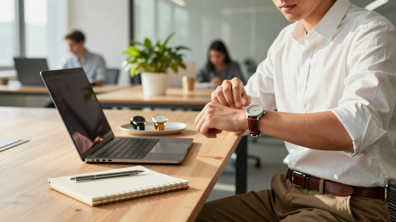 Mann im Büro schaut auf seine Armbanduhr, Laptop und Notizblock liegen auf dem Tisch.