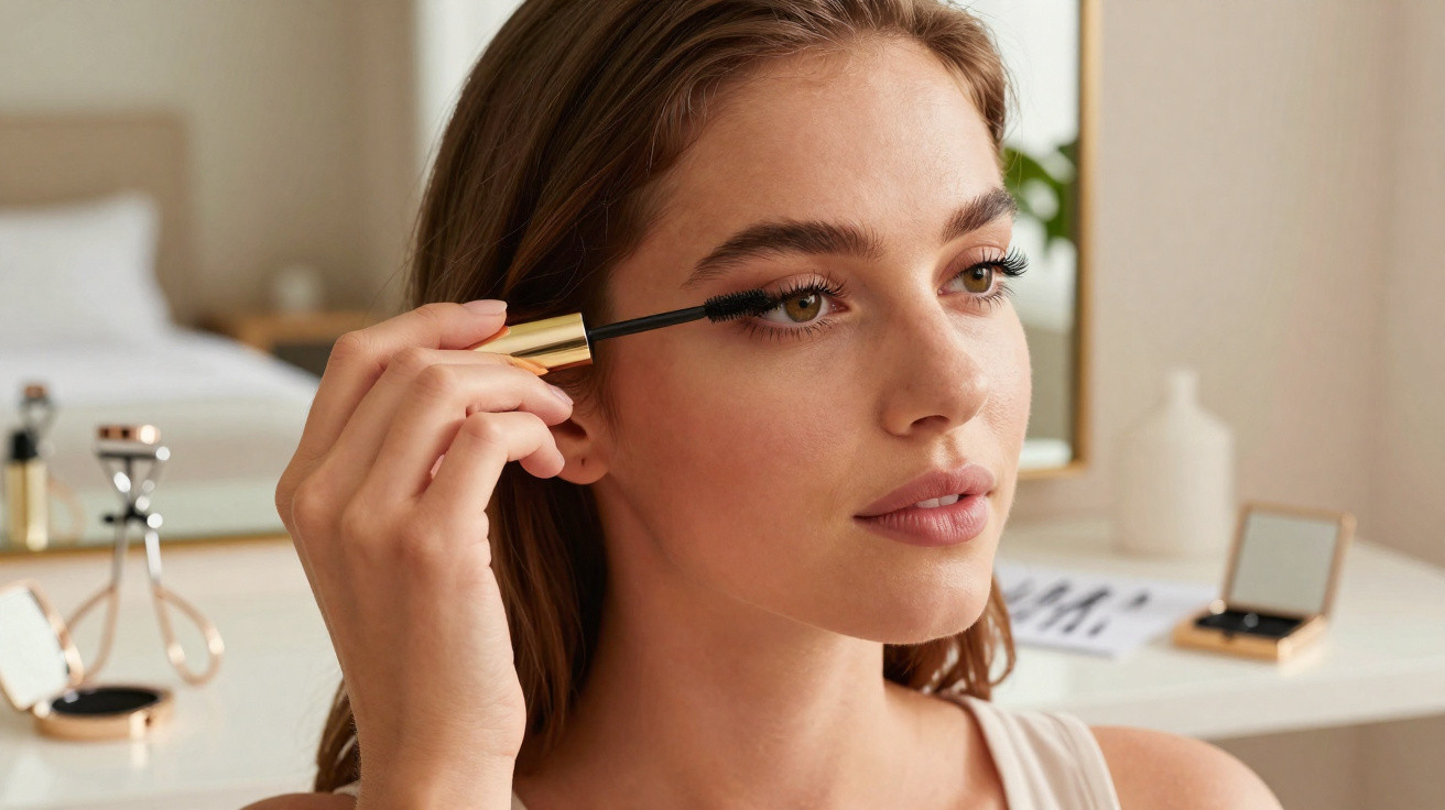 Frau trägt Wimperntusche auf, sitzt vor einem Spiegel mit Make-up und Schminkzubehör auf dem Tisch.