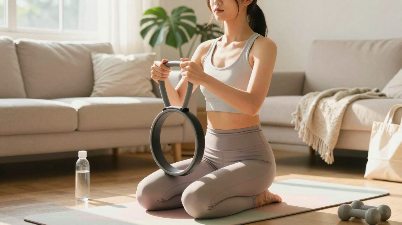 Frau trainiert zu Hause auf Yogamatte mit Pilates-Ring, Wasserflasche und Hanteln im Wohnzimmer.