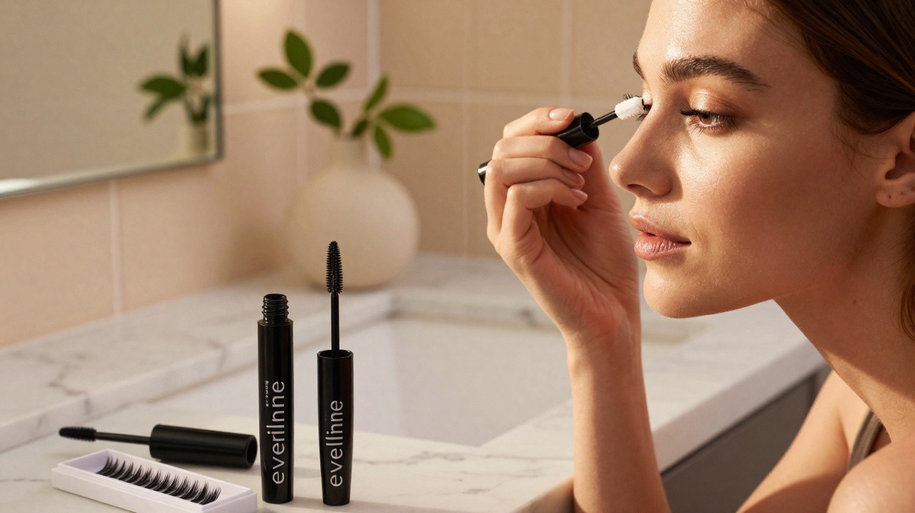 Frau trägt Wimperntusche auf, neben ihr auf der Ablage Mascara und künstliche Wimpern von Eveline.