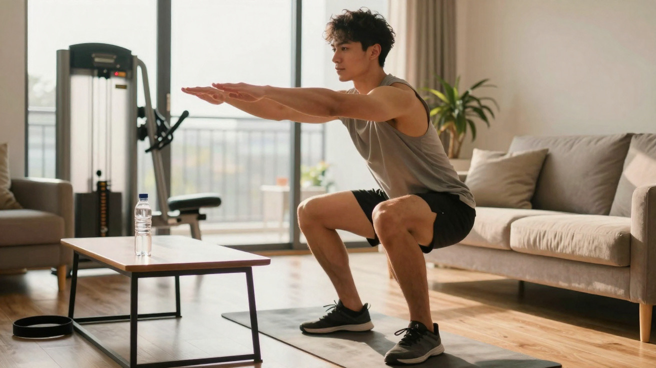 Mann macht Kniebeugen auf Yogamatte im Wohnzimmer mit Sofa, Tisch und Fitnessgeräten im Hintergrund.