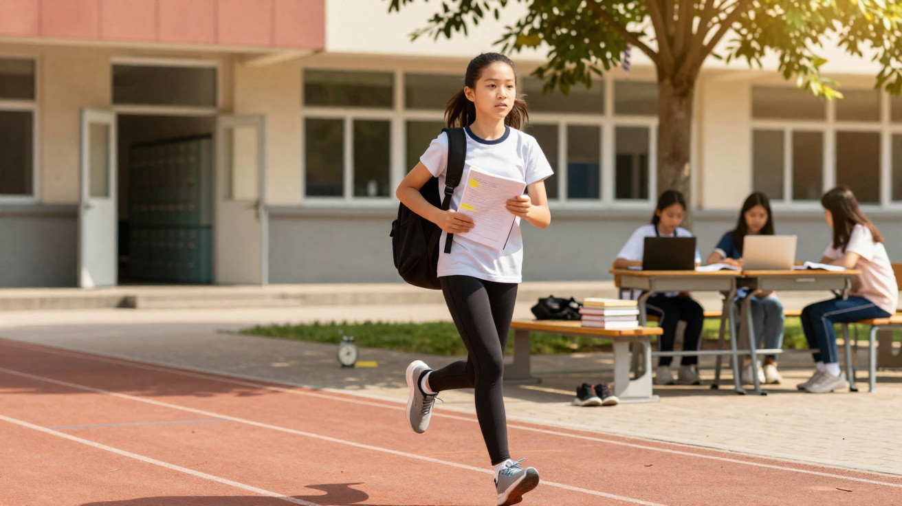 Mädchen läuft mit Rucksack und Papieren auf einer Laufbahn, im Hintergrund sitzen drei Schüler an Tisch mit Laptops.