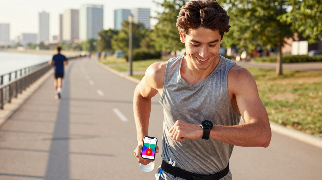 Junger Mann läuft am Flussufer, kontrolliert Fitnessuhr und hält Smartphone mit Trainings-App.