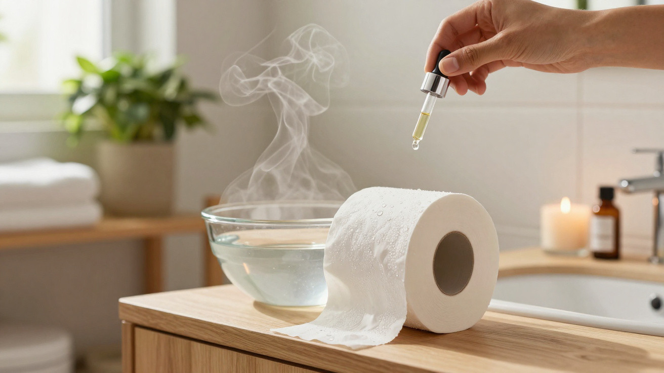 Hand tropft ätherisches Öl über ein dampfendes Schüsselwasser neben einer Toilettenpapierrolle im Badezimmer.