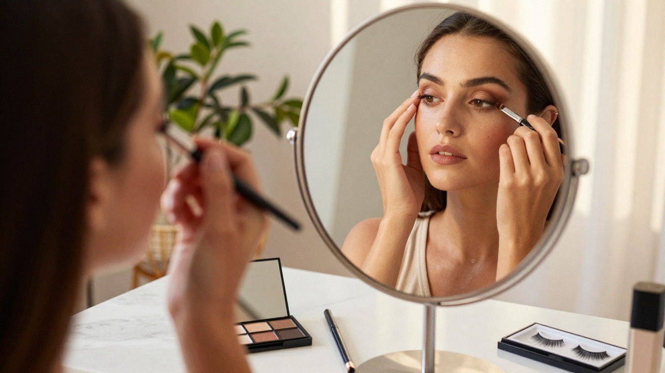 Frau trägt Make-up auf und betrachtet sich im runden Kosmetikspiegel auf einem weißen Tisch.