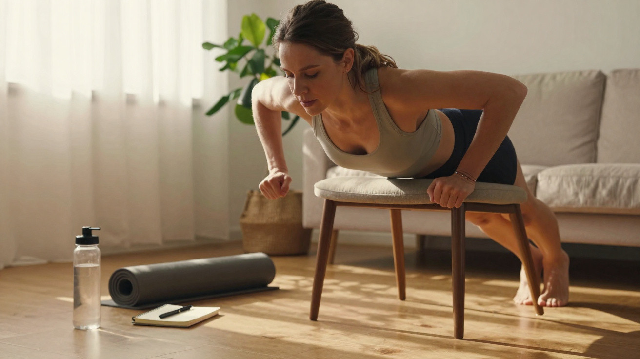 Frau macht Liegestütze mit Händen auf einem Stuhl in einem hellen Wohnzimmer mit Yogamatte und Wasserflasche.