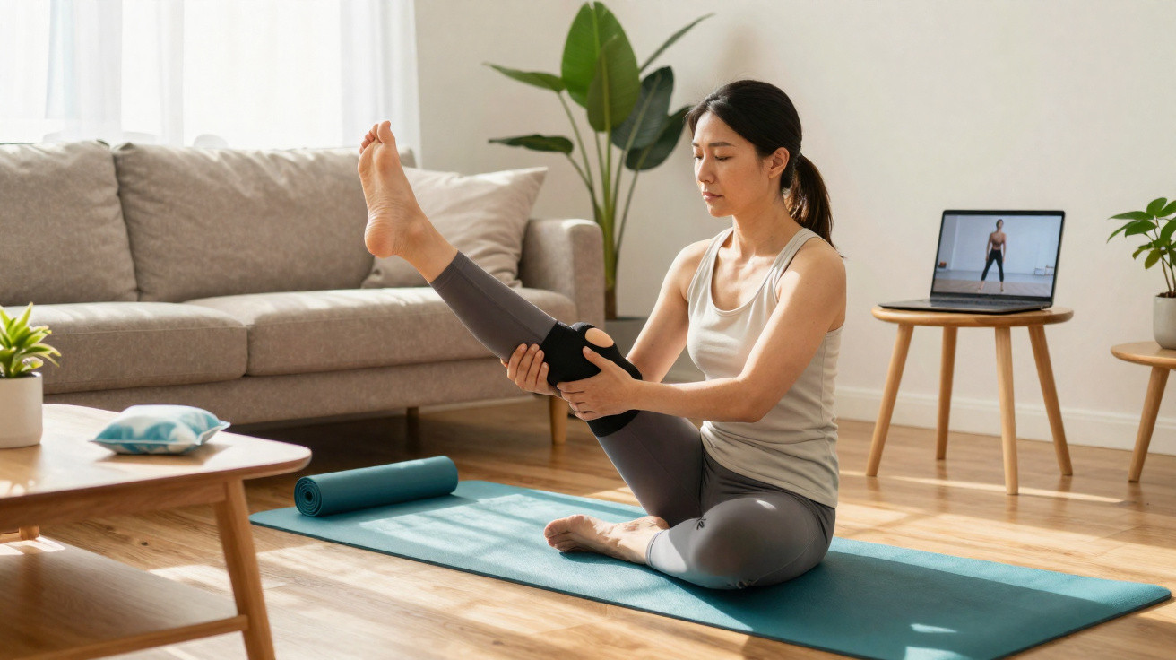 Frau macht Yoga-Übung auf Matte im Wohnzimmer mit Online-Workout auf Laptop im Hintergrund.