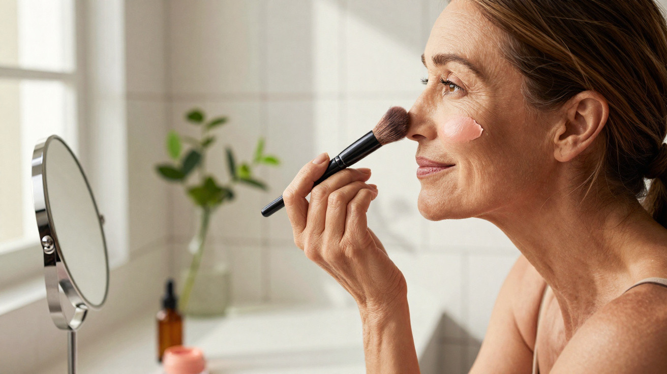 Frau trägt Make-up mit Pinsel auf Wangen in hellem Badezimmer mit Spiegel auf weißem Waschbecken auf.