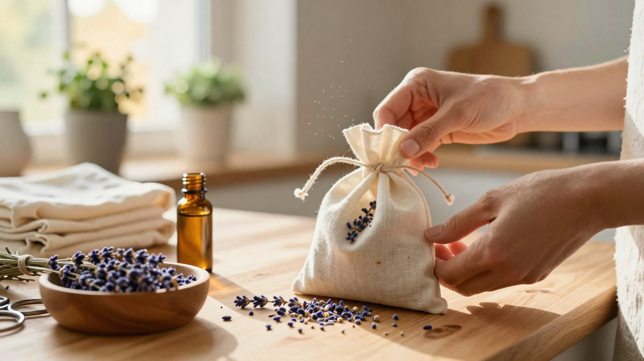 Hände füllen ein Leinensäckchen mit getrockneten Lavendelblüten auf einem Holztisch mit Ölflasche und Stoff.